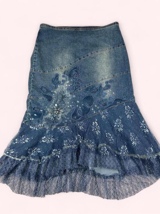 West 36th Dresses & Skirts - Deadstock Y2K beaded denim midi skirt with lace ruffle and floral embroidery